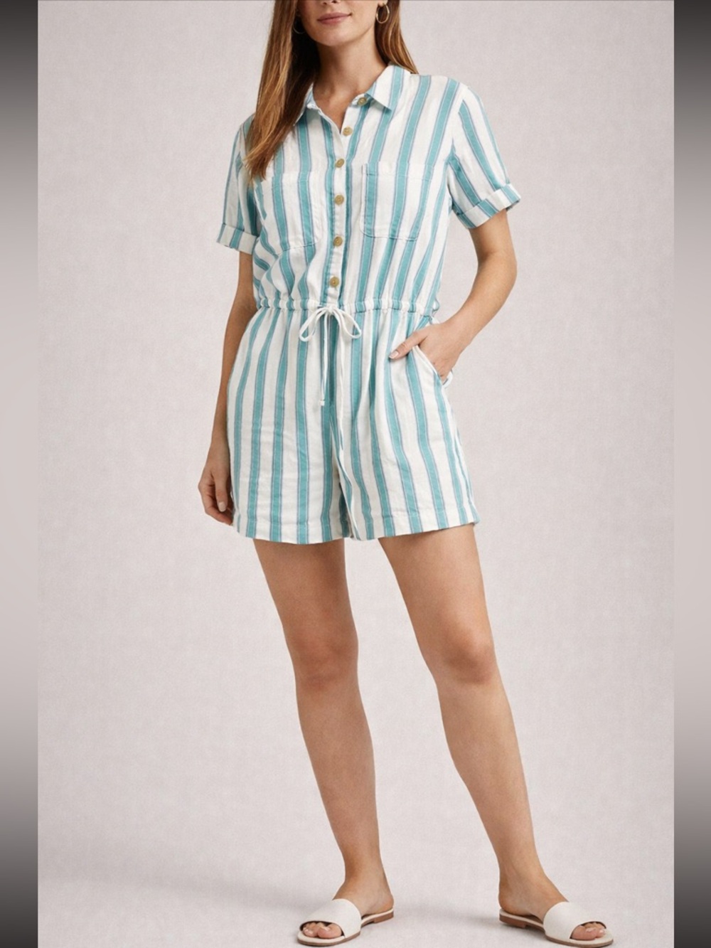 Old Navy Striped Romper Womens Large Green White Cinched Waist Button Front